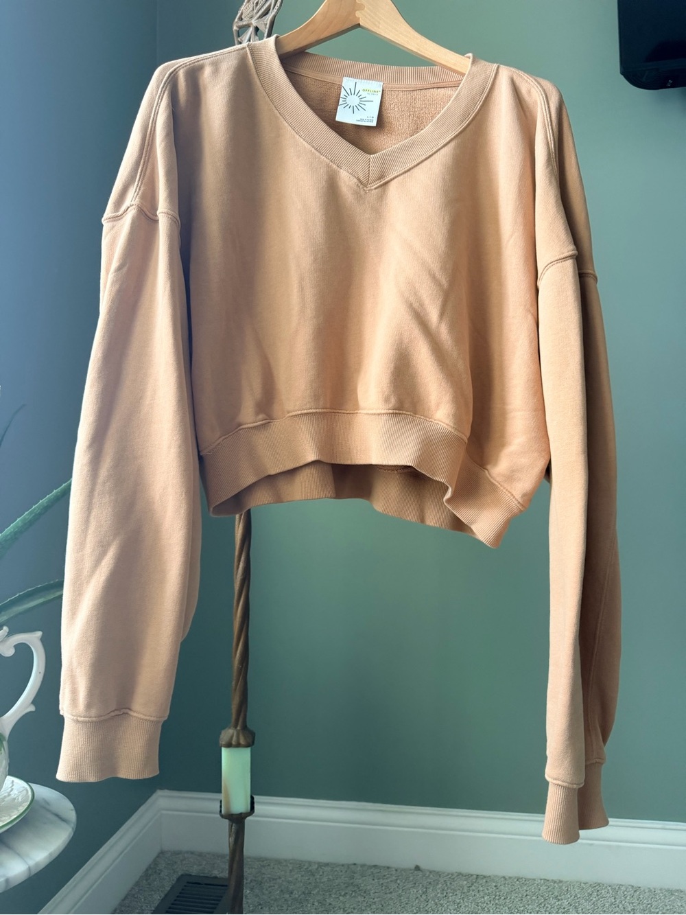 OFFLINE by Aerie Oversized Cropped V-Neck Sweatshirt Tan Brown L